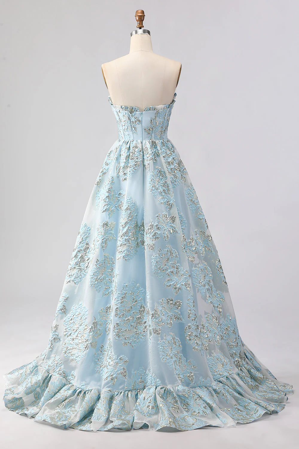 Strapless A Line Pink Jacquard Corset Long Prom Dress with Slit - Image 8