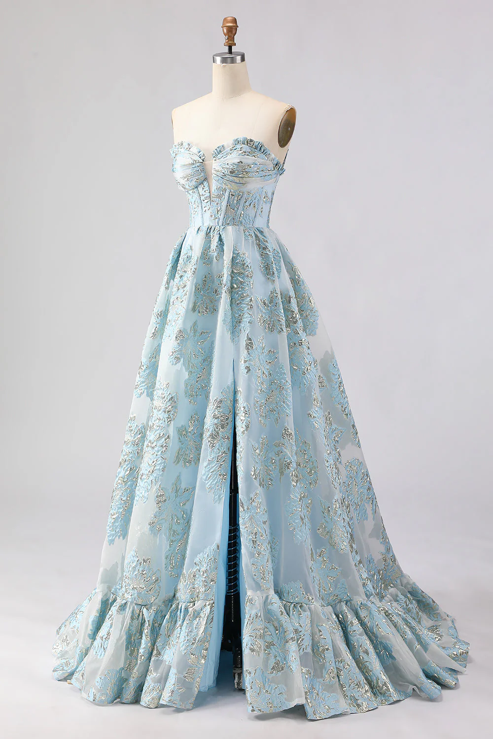 Strapless A Line Pink Jacquard Corset Long Prom Dress with Slit - Image 9