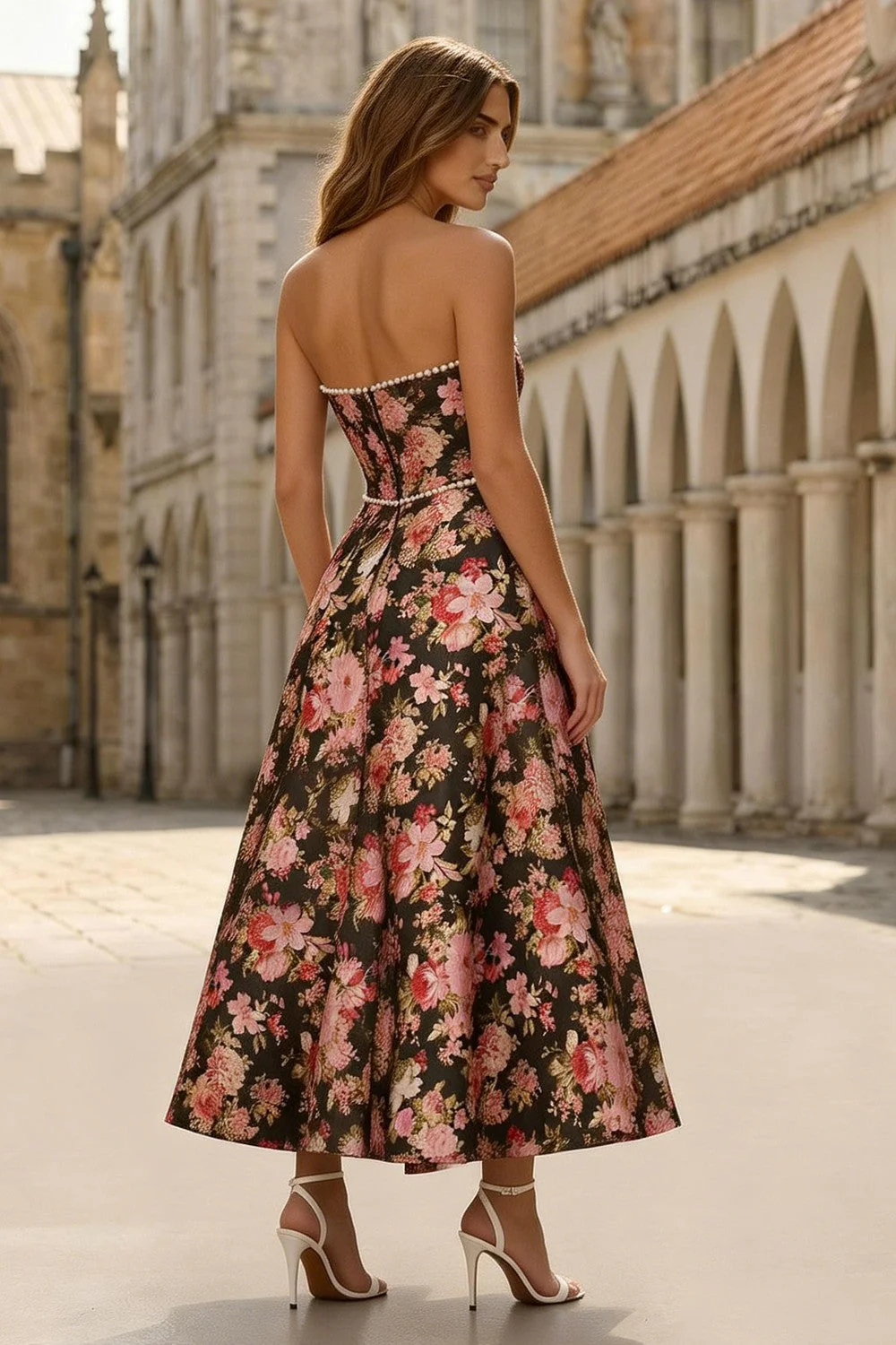 Strapless A-Line Printed Black Pink Flower Midi Dress with Pearls - Image 2