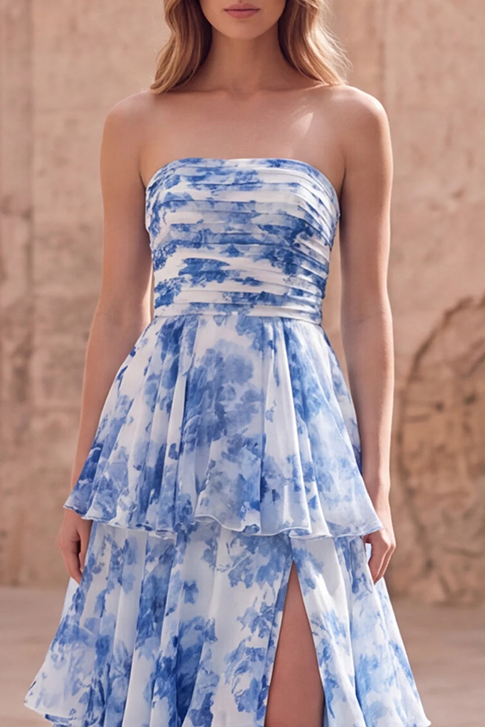 Strapless A-Line White Blue Flower Tiered Long Prom Dress with Slit - Image 3