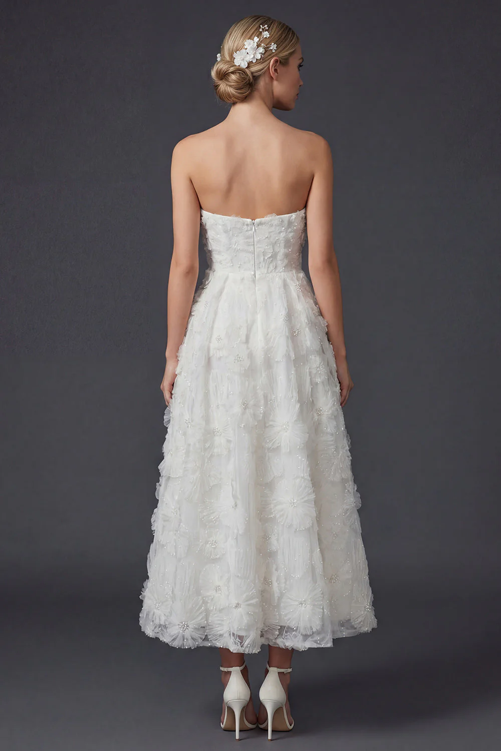 Strapless A Line White Long Wedding Dress with 3D Flowers - Image 2