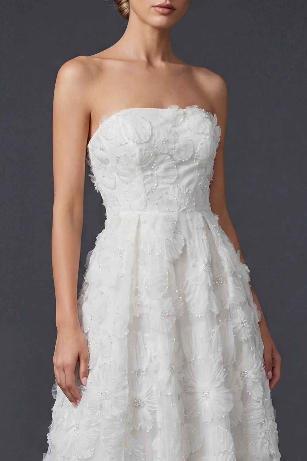 Strapless A Line White Long Wedding Dress with 3D Flowers - Image 3