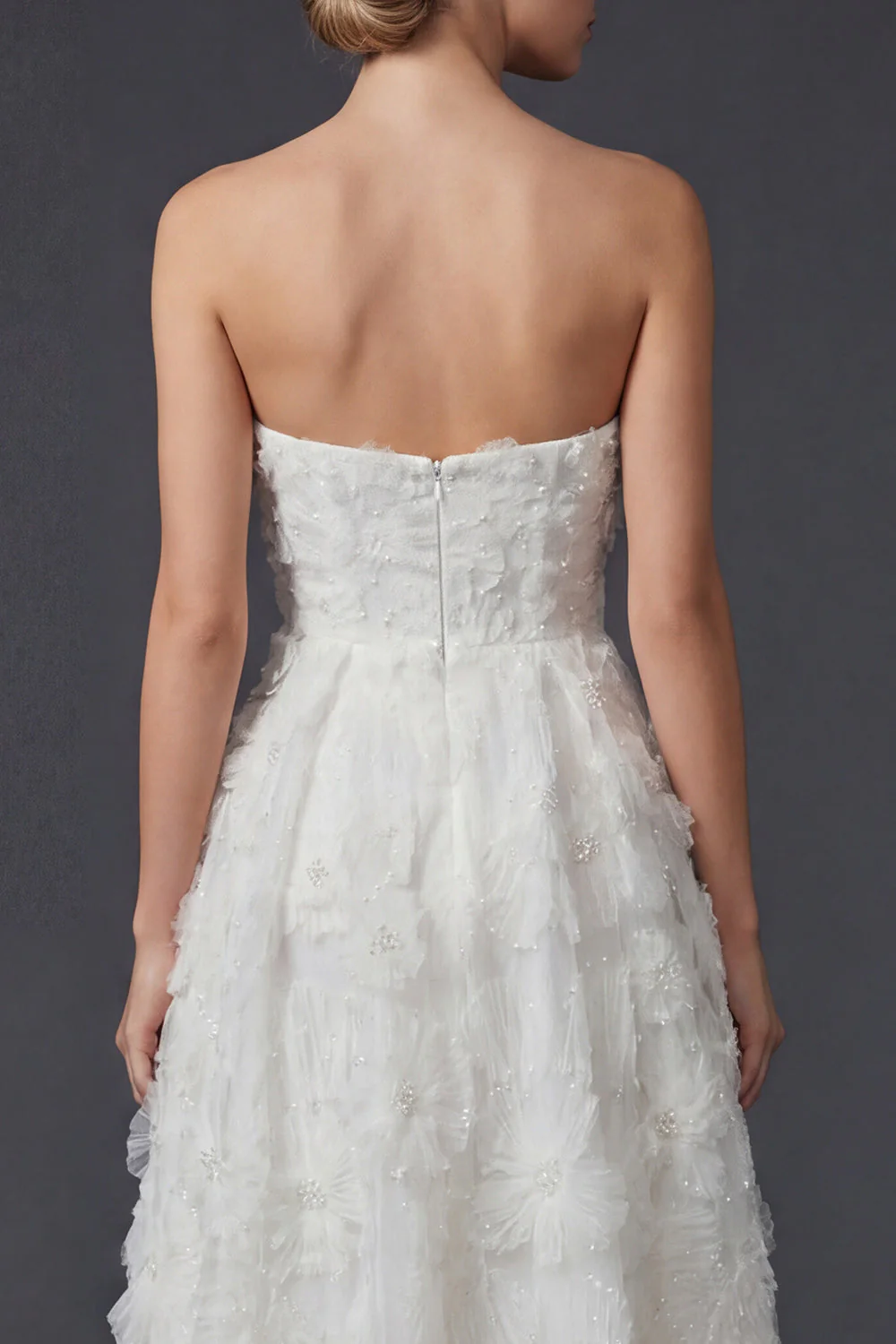 Strapless A Line White Long Wedding Dress with 3D Flowers - Image 4