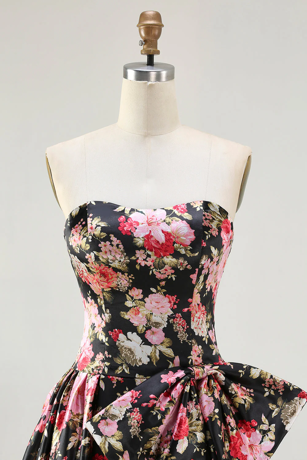Strapless A Line White Pink Flower Printed Long Prom Dress with Bow - Image 10