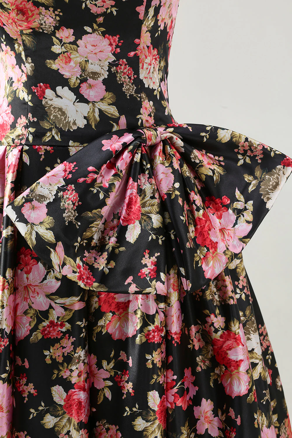 Strapless A Line White Pink Flower Printed Long Prom Dress with Bow - Image 11