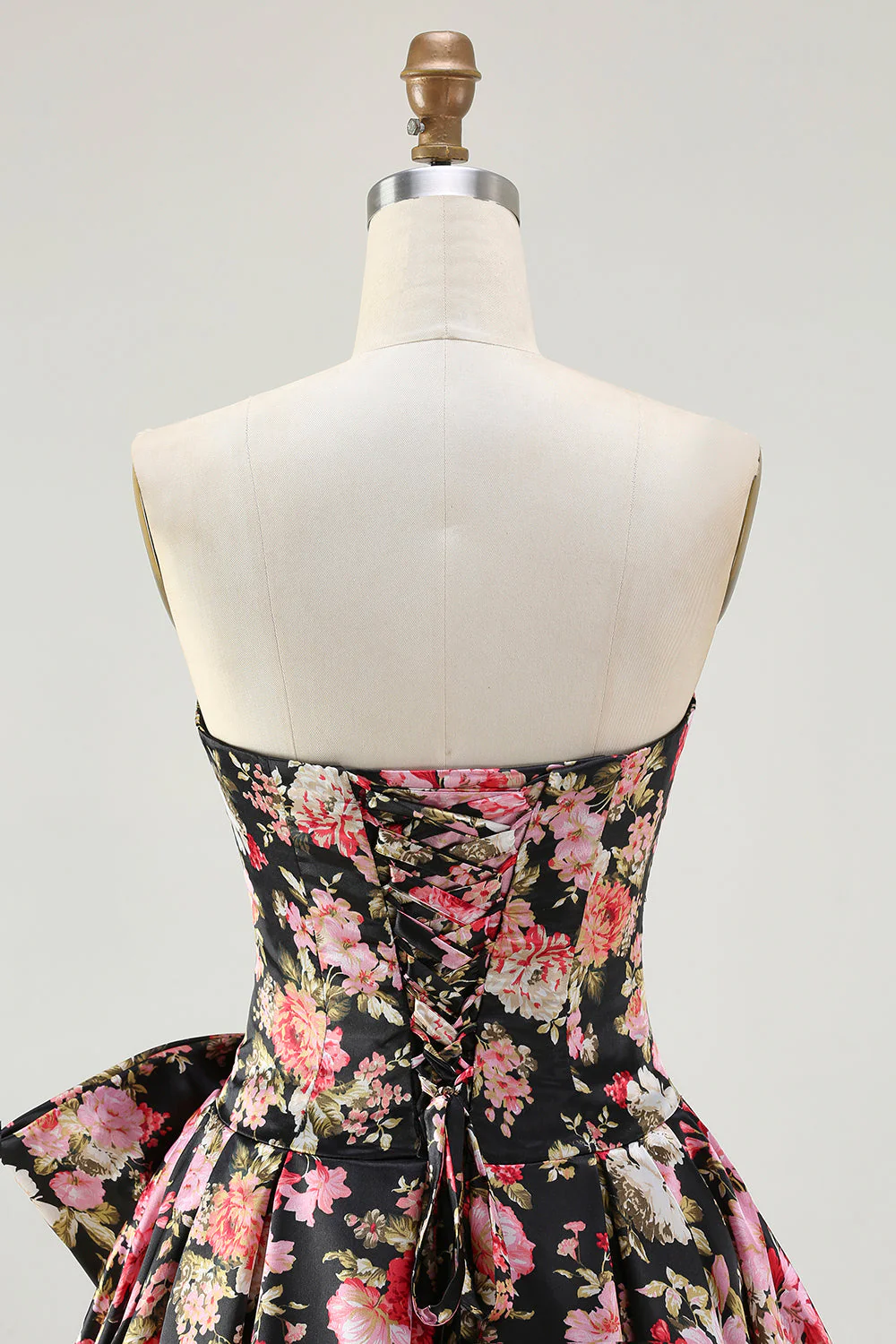 Strapless A Line White Pink Flower Printed Long Prom Dress with Bow - Image 12