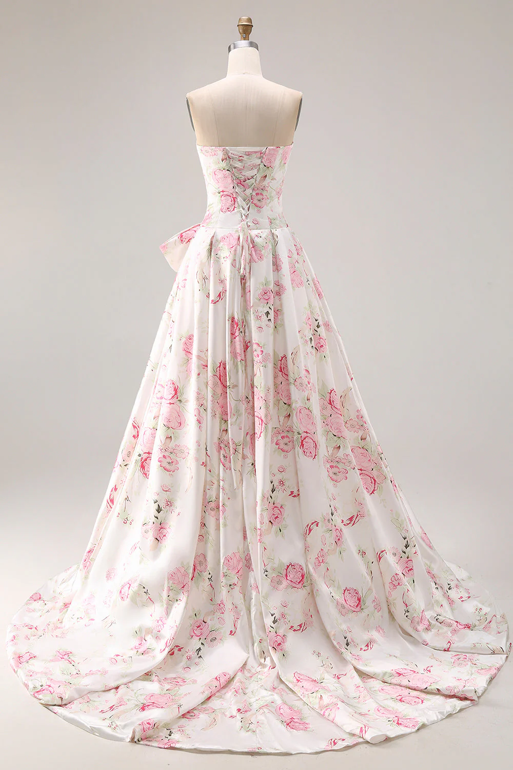 Strapless A Line White Pink Flower Printed Long Prom Dress with Bow - Image 2