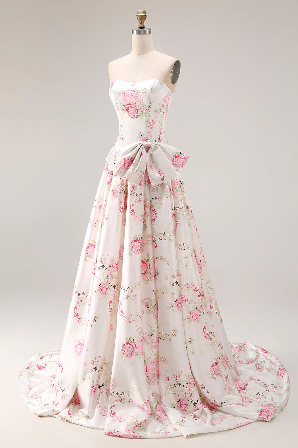Strapless A Line White Pink Flower Printed Long Prom Dress with Bow - Image 3