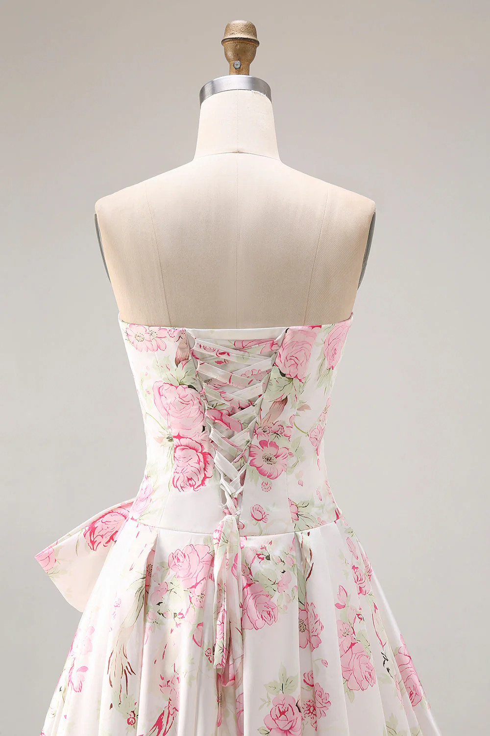 Strapless A Line White Pink Flower Printed Long Prom Dress with Bow - Image 5