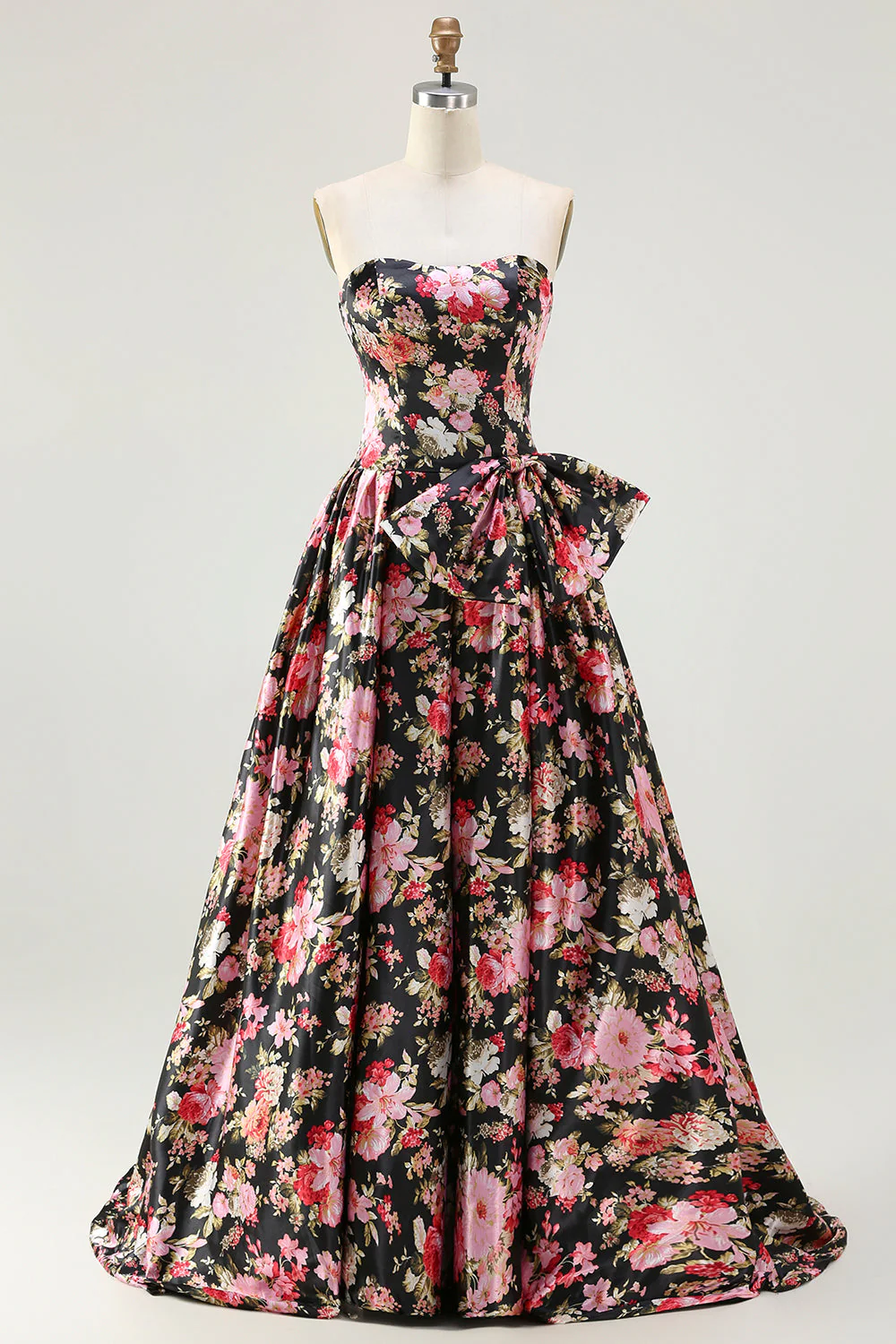 Strapless A Line White Pink Flower Printed Long Prom Dress with Bow - Image 7