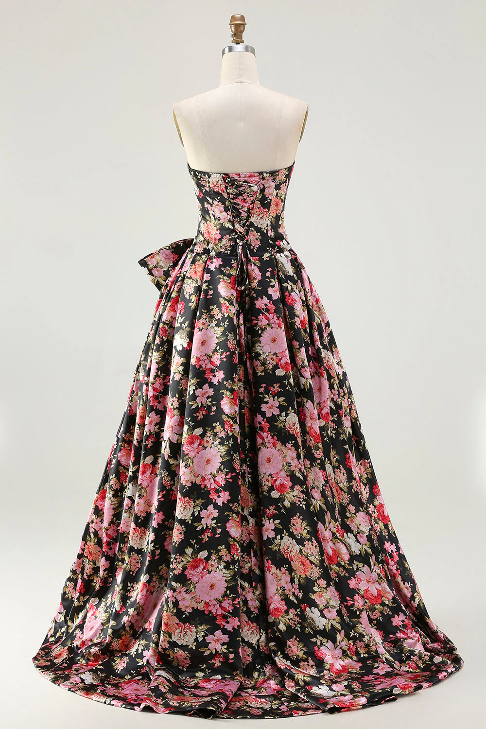 Strapless A Line White Pink Flower Printed Long Prom Dress with Bow - Image 8