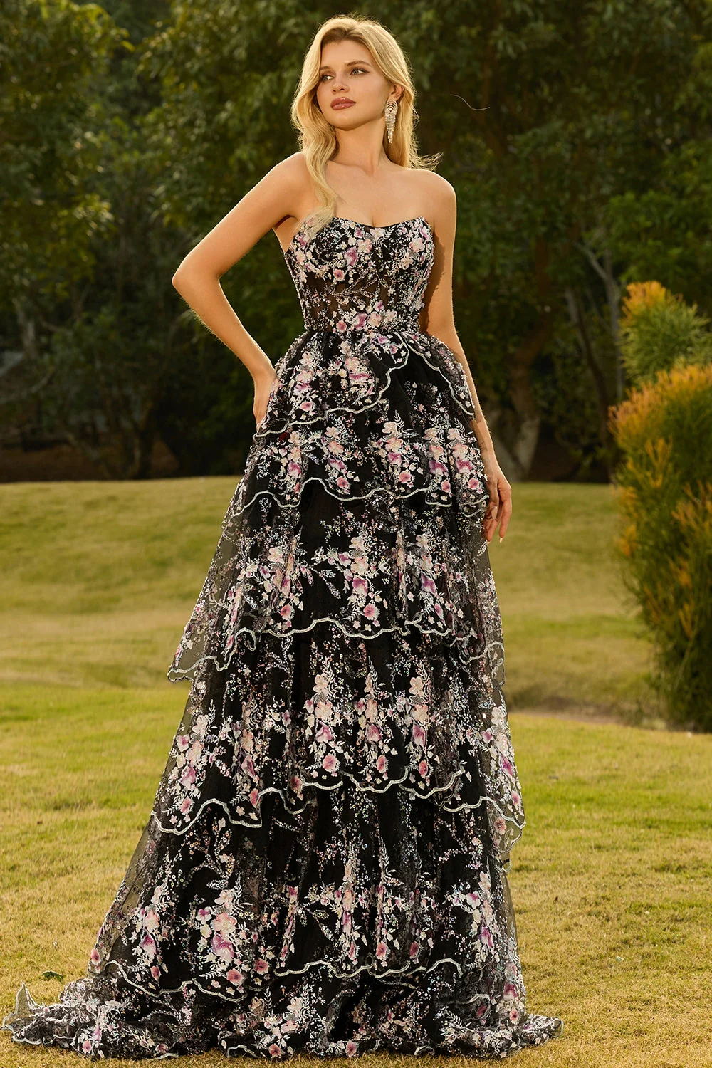 Strapless A-Line White Pink Flower Tiered Sequin Long Prom Dress with Lace Up Back - Image 10