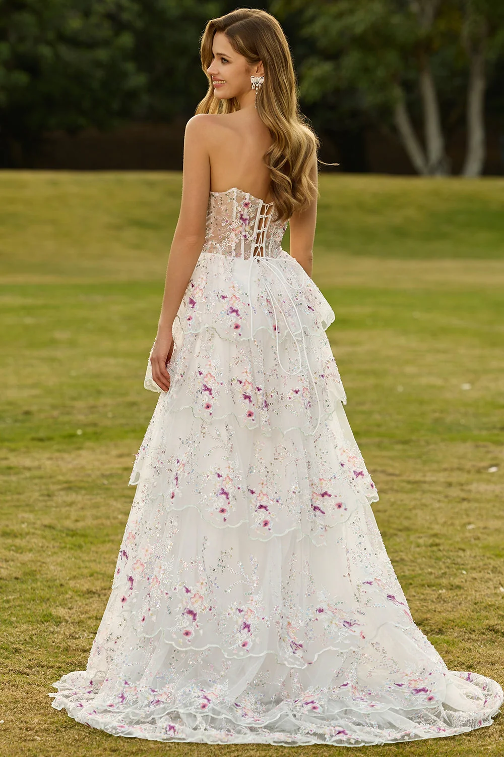 Strapless A-Line White Pink Flower Tiered Sequin Long Prom Dress with Lace Up Back - Image 2