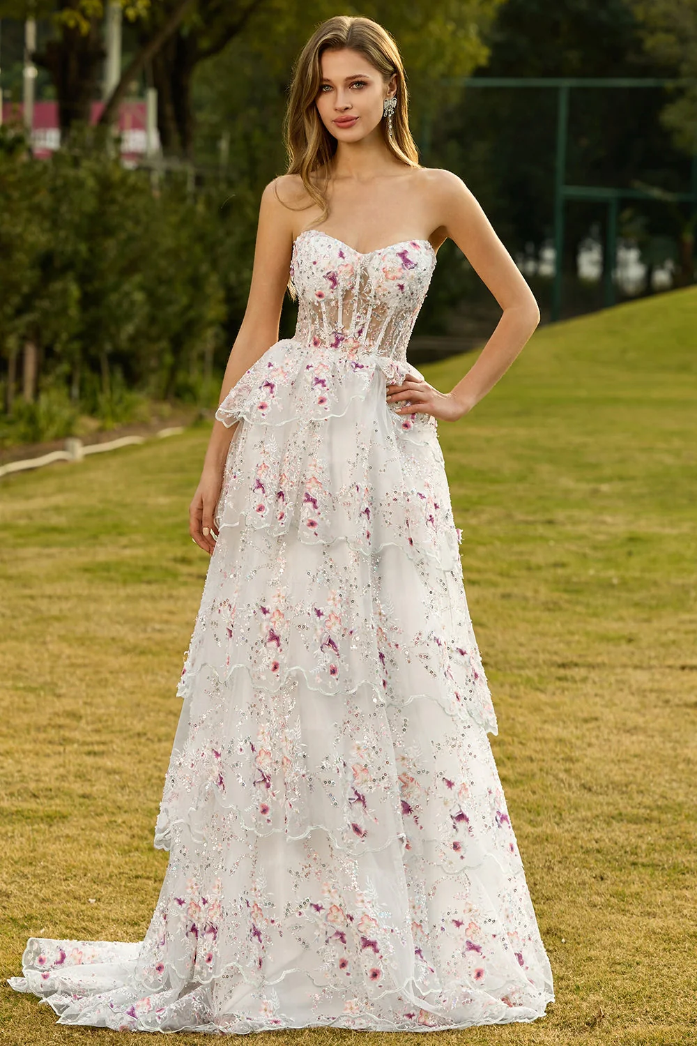 Strapless A-Line White Pink Flower Tiered Sequin Long Prom Dress with Lace Up Back - Image 3