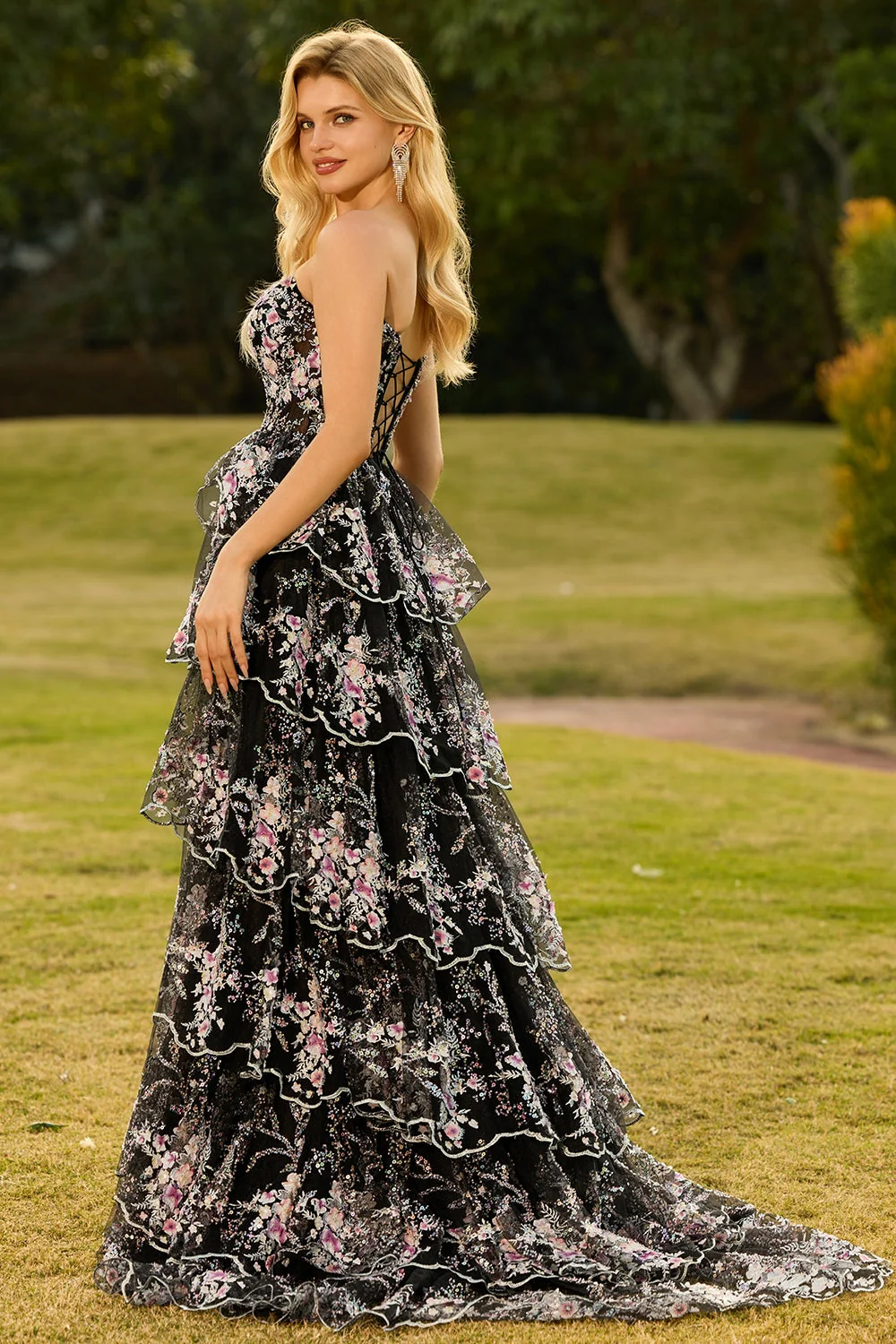 Strapless A-Line White Pink Flower Tiered Sequin Long Prom Dress with Lace Up Back - Image 7
