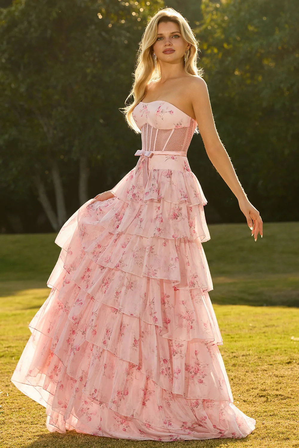 Strapless A Line Yellow Floral Beaded Corset Long Prom Dress with Ruffles - Image 10