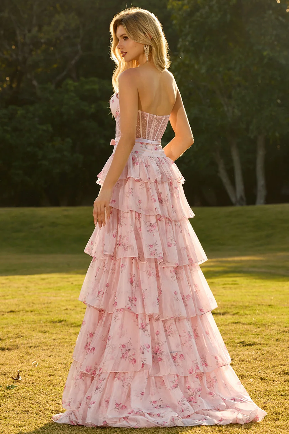 Strapless A Line Yellow Floral Beaded Corset Long Prom Dress with Ruffles - Image 12