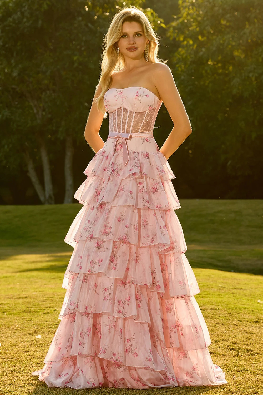 Strapless A Line Yellow Floral Beaded Corset Long Prom Dress with Ruffles - Image 8