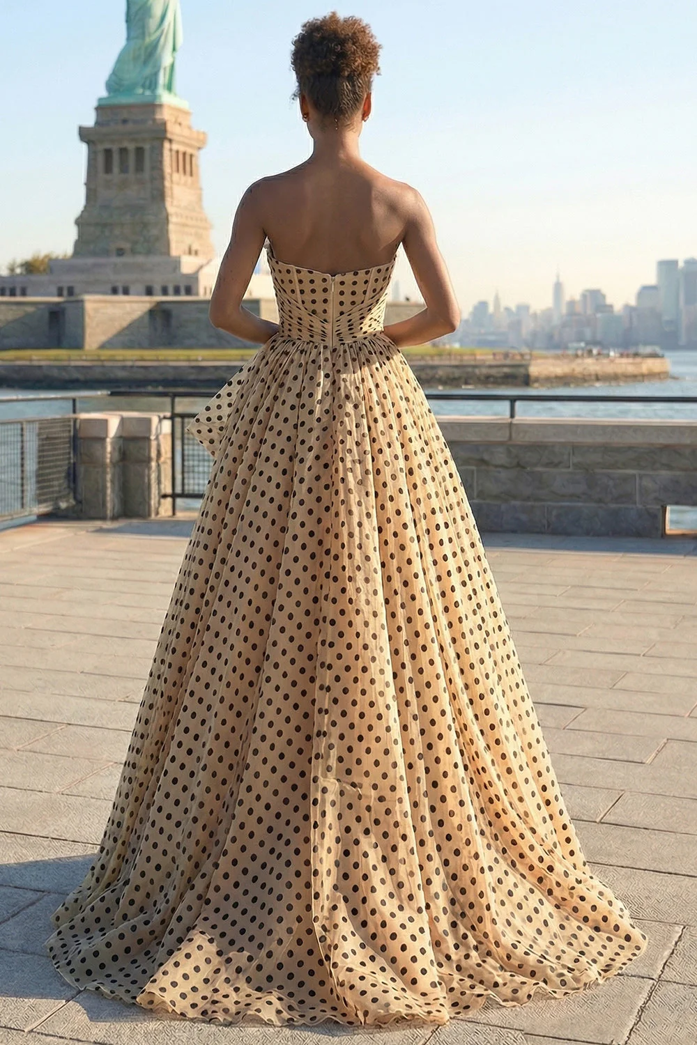 Strapless Apricot Black Dot A Line Ruffled Long Prom Dress - Image 2
