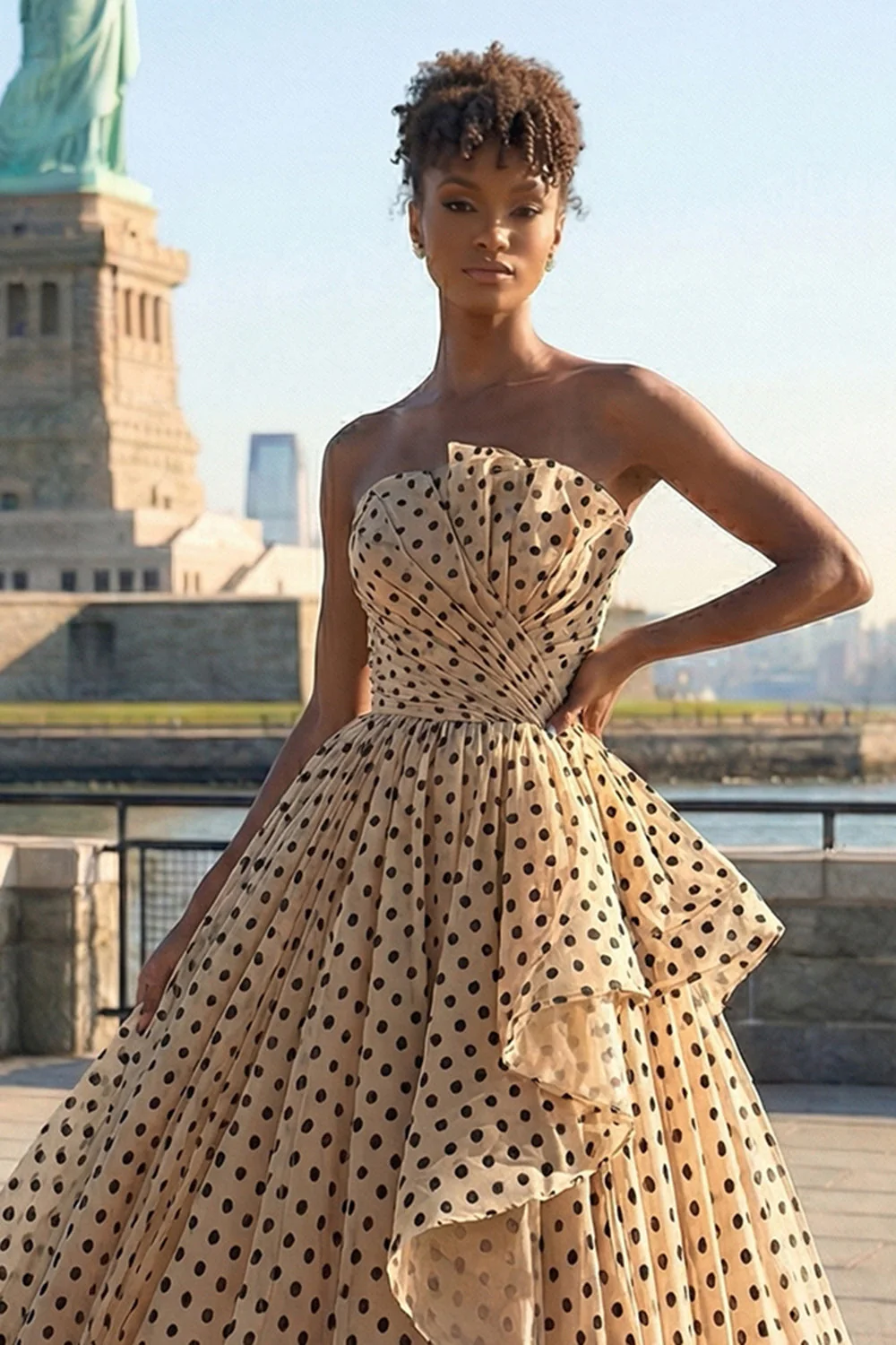 Strapless Apricot Black Dot A Line Ruffled Long Prom Dress - Image 3