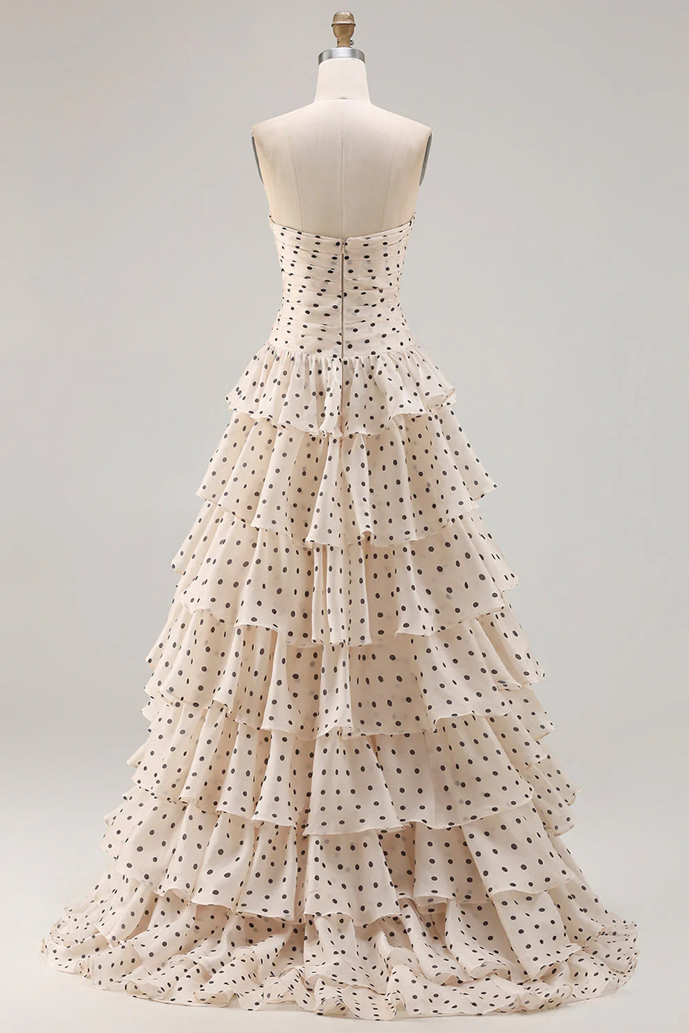 Strapless Apricot Black Polka Dots A Line Tiered Ruffle Cut Out Long Prom Dress with Slit - Image 4