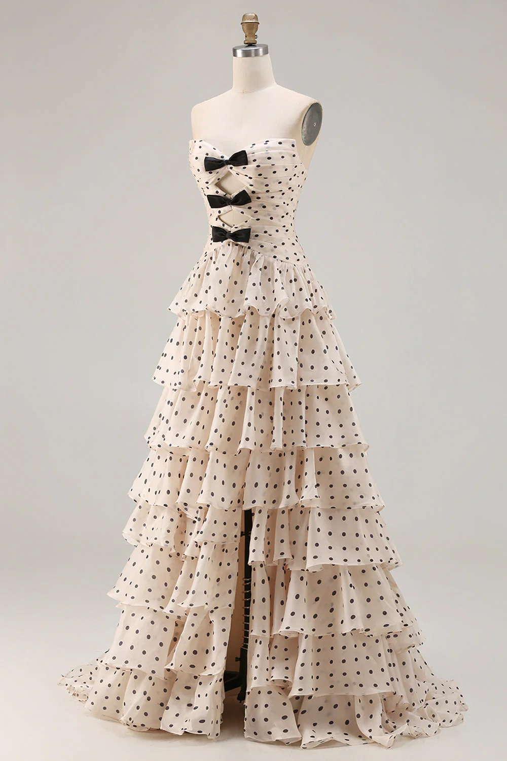 Strapless Apricot Black Polka Dots A Line Tiered Ruffle Cut Out Long Prom Dress with Slit - Image 5