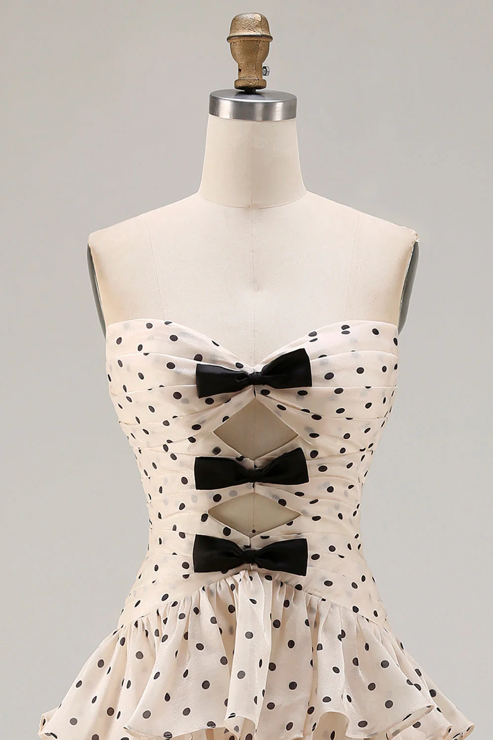 Strapless Apricot Black Polka Dots A Line Tiered Ruffle Cut Out Long Prom Dress with Slit - Image 6