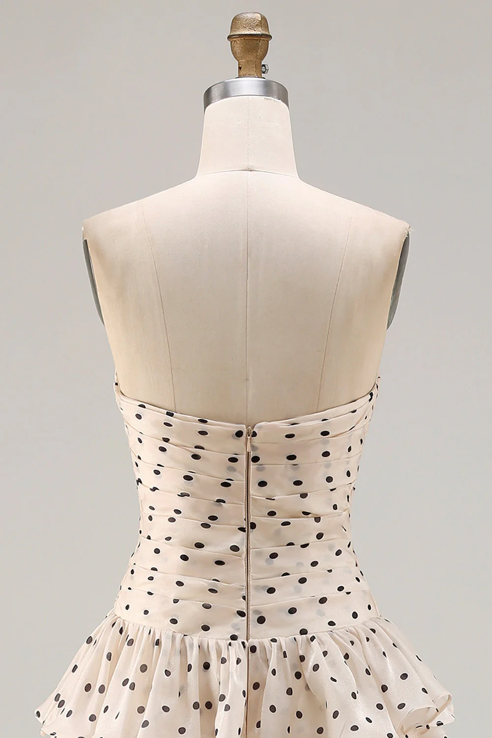 Strapless Apricot Black Polka Dots A Line Tiered Ruffle Cut Out Long Prom Dress with Slit - Image 7