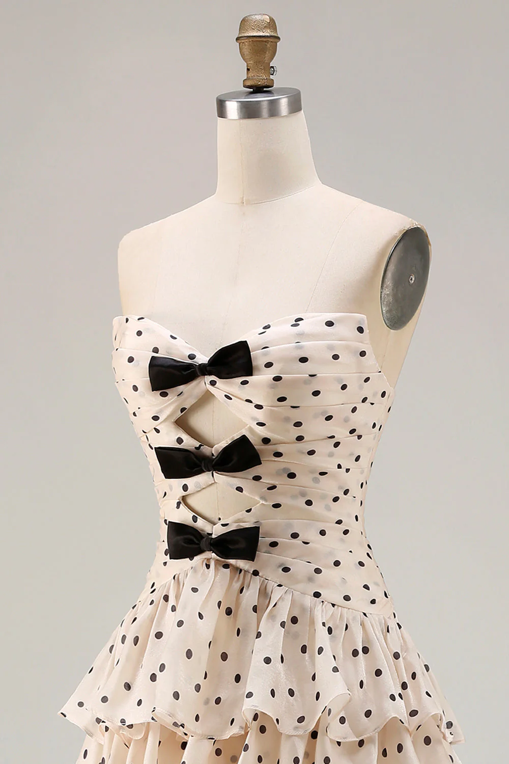 Strapless Apricot Black Polka Dots A Line Tiered Ruffle Cut Out Long Prom Dress with Slit - Image 8