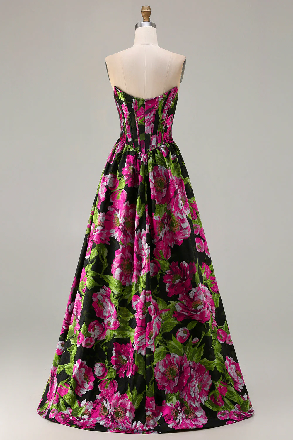 Strapless Black A Line Corset Print Floral Long Prom Dress - Image 2