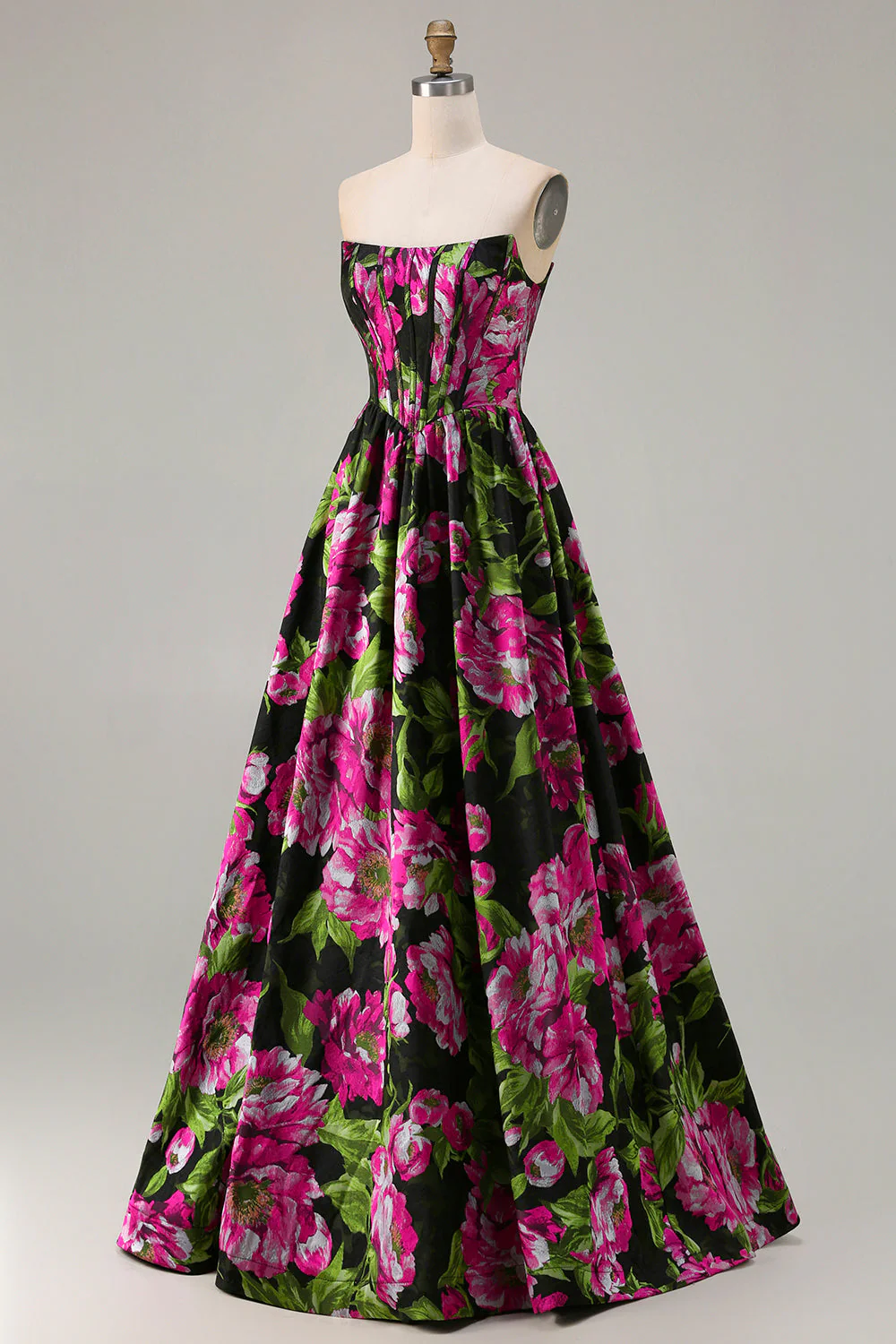 Strapless Black A Line Corset Print Floral Long Prom Dress - Image 3