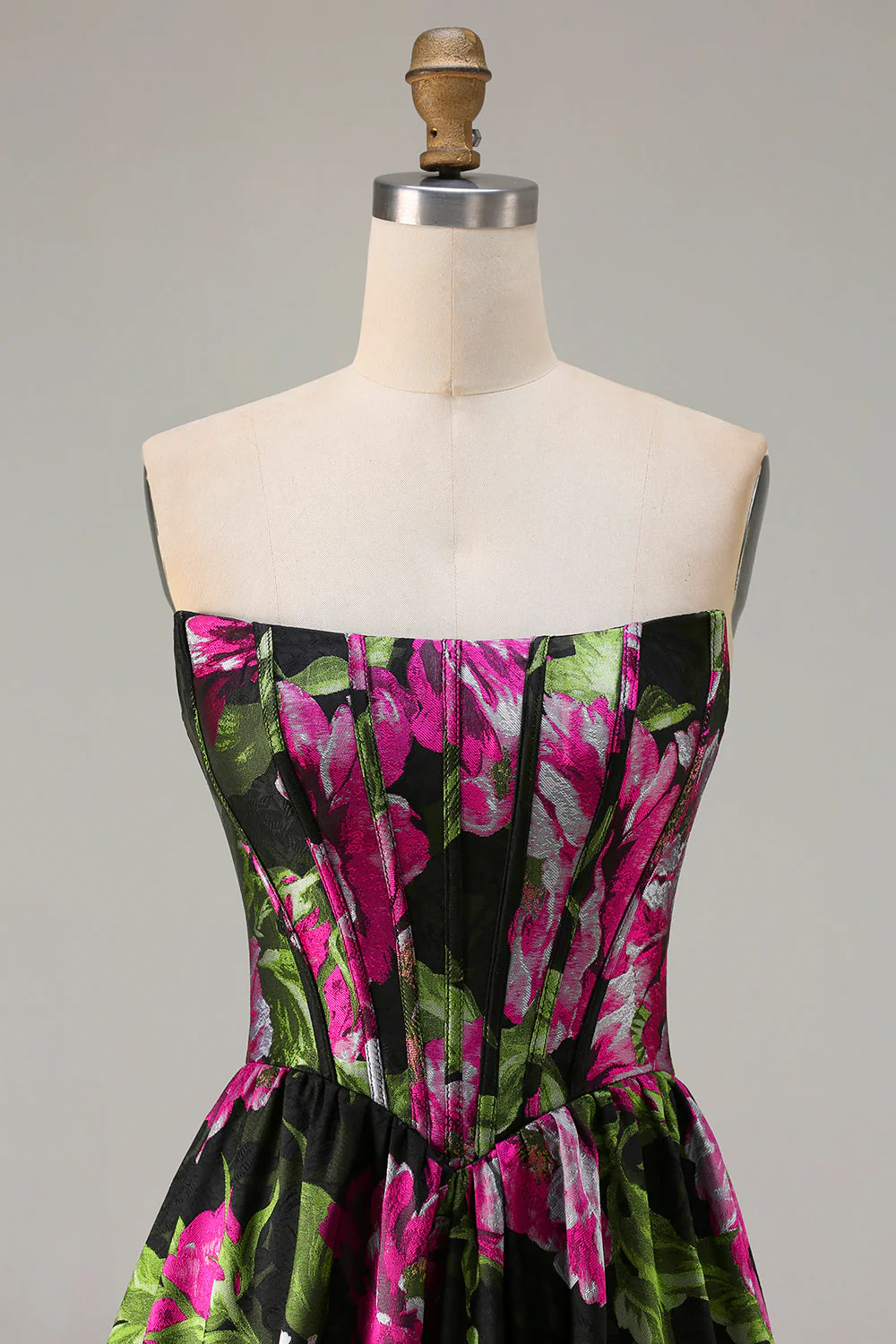 Strapless Black A Line Corset Print Floral Long Prom Dress - Image 4