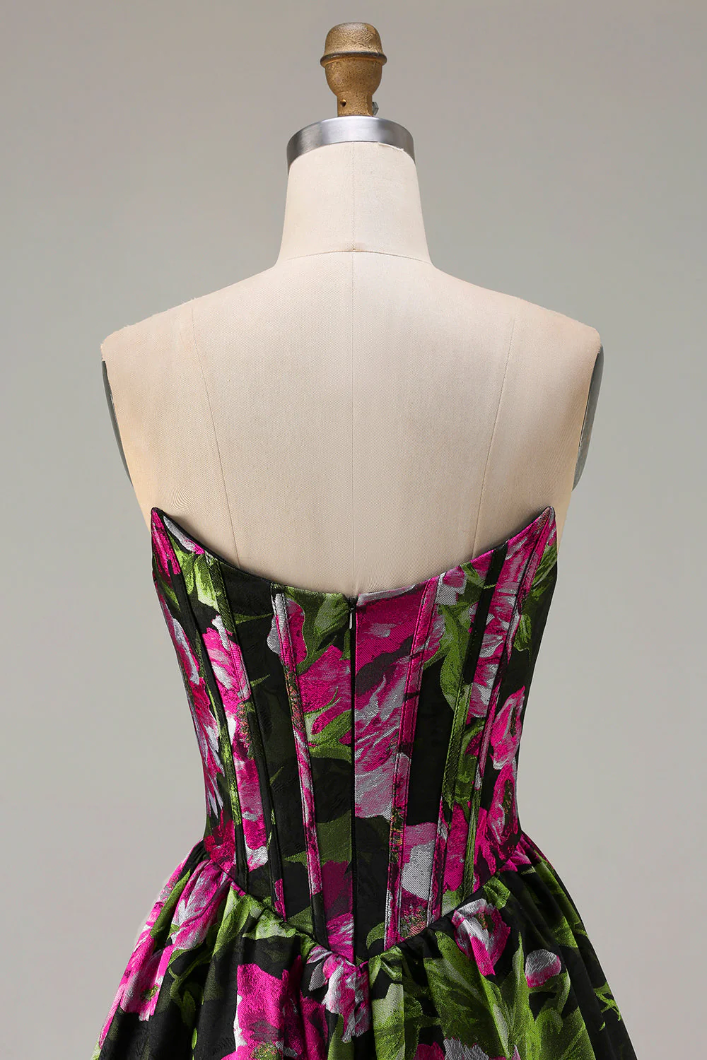 Strapless Black A Line Corset Print Floral Long Prom Dress - Image 5