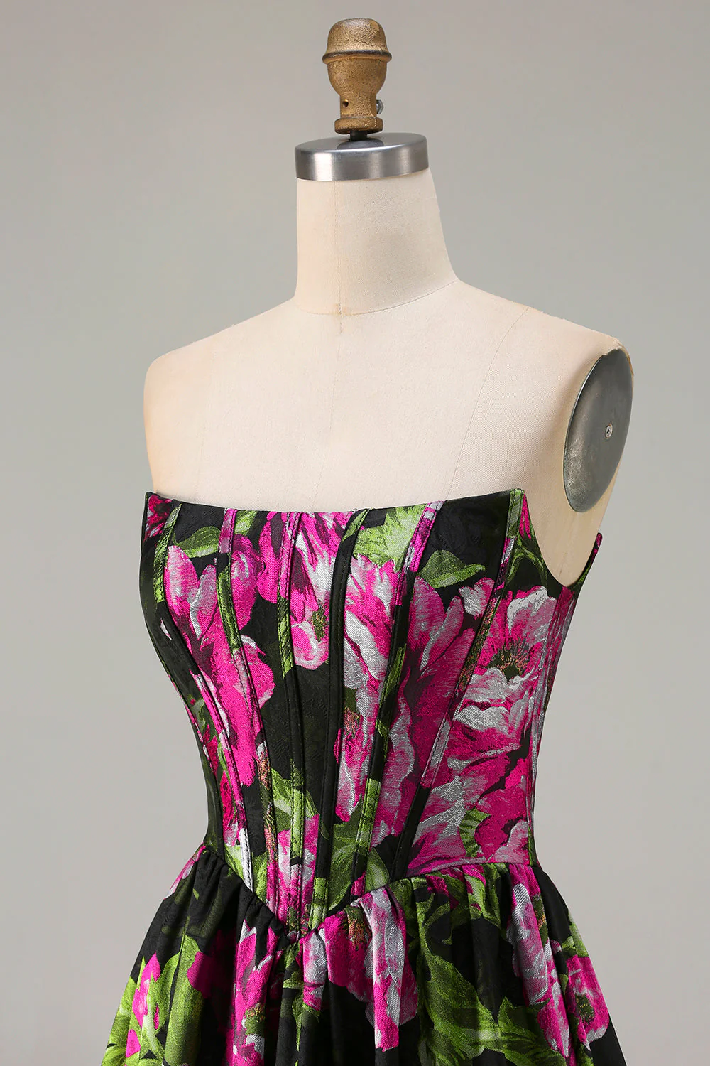 Strapless Black A Line Corset Print Floral Long Prom Dress - Image 6