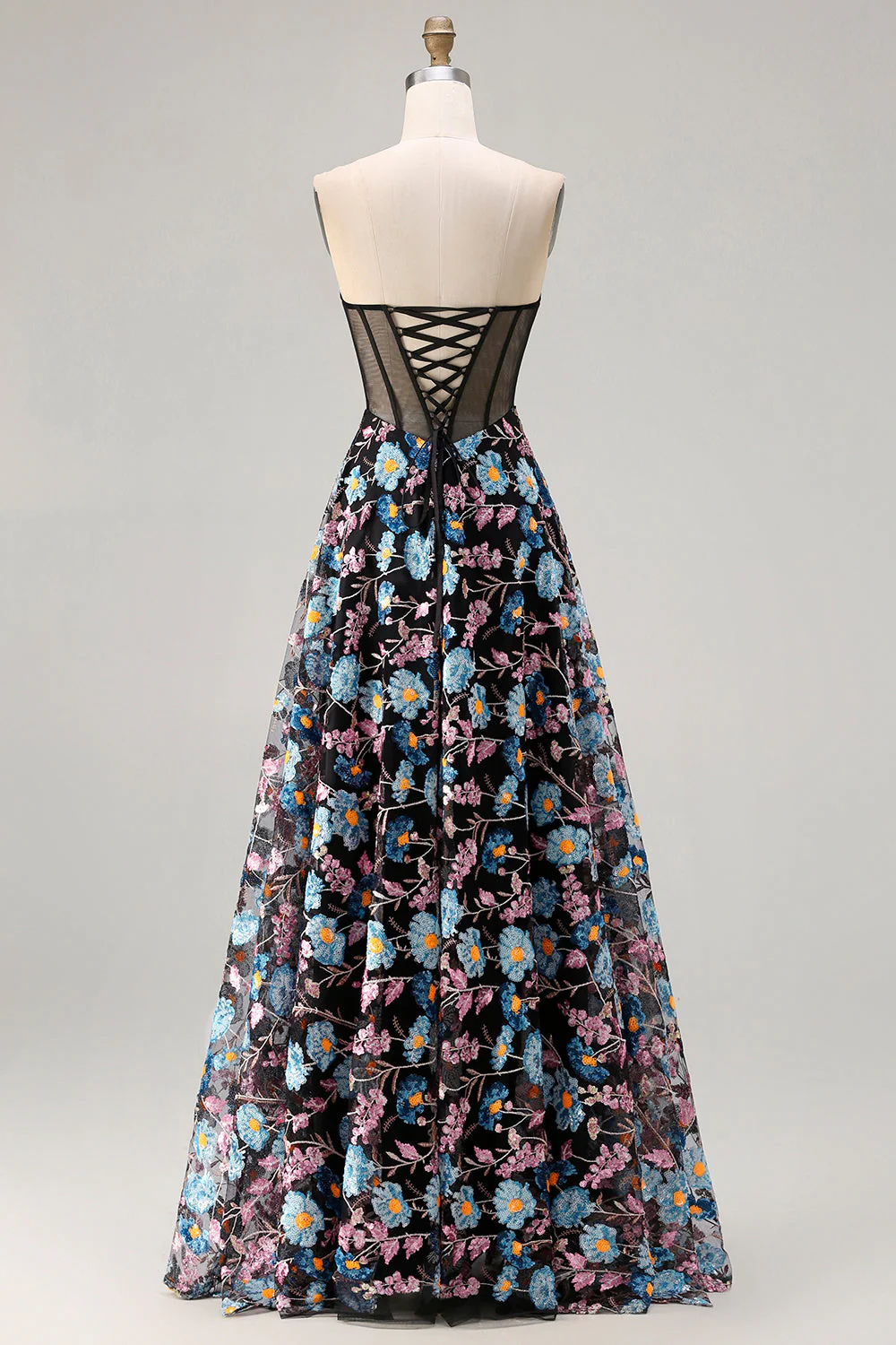 Strapless Black A Line Sheer Corset Print Floral Long Prom Dress with Slit - Image 2