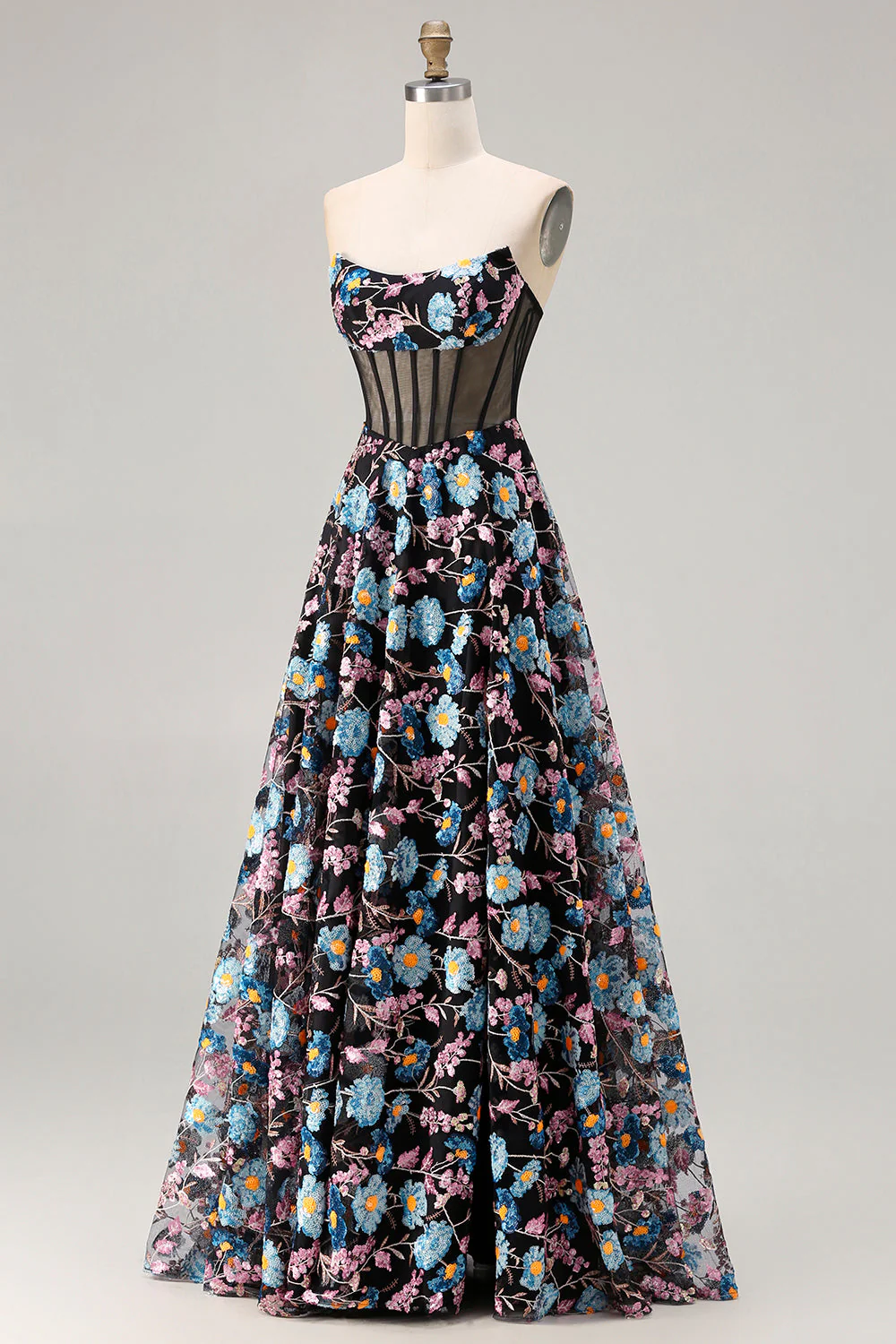 Strapless Black A Line Sheer Corset Print Floral Long Prom Dress with Slit - Image 3