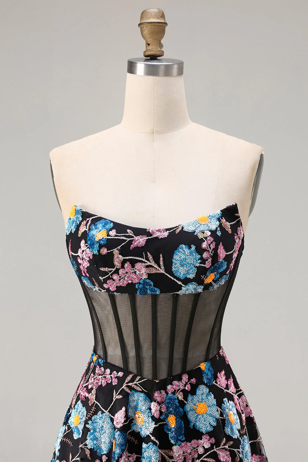 Strapless Black A Line Sheer Corset Print Floral Long Prom Dress with Slit - Image 4