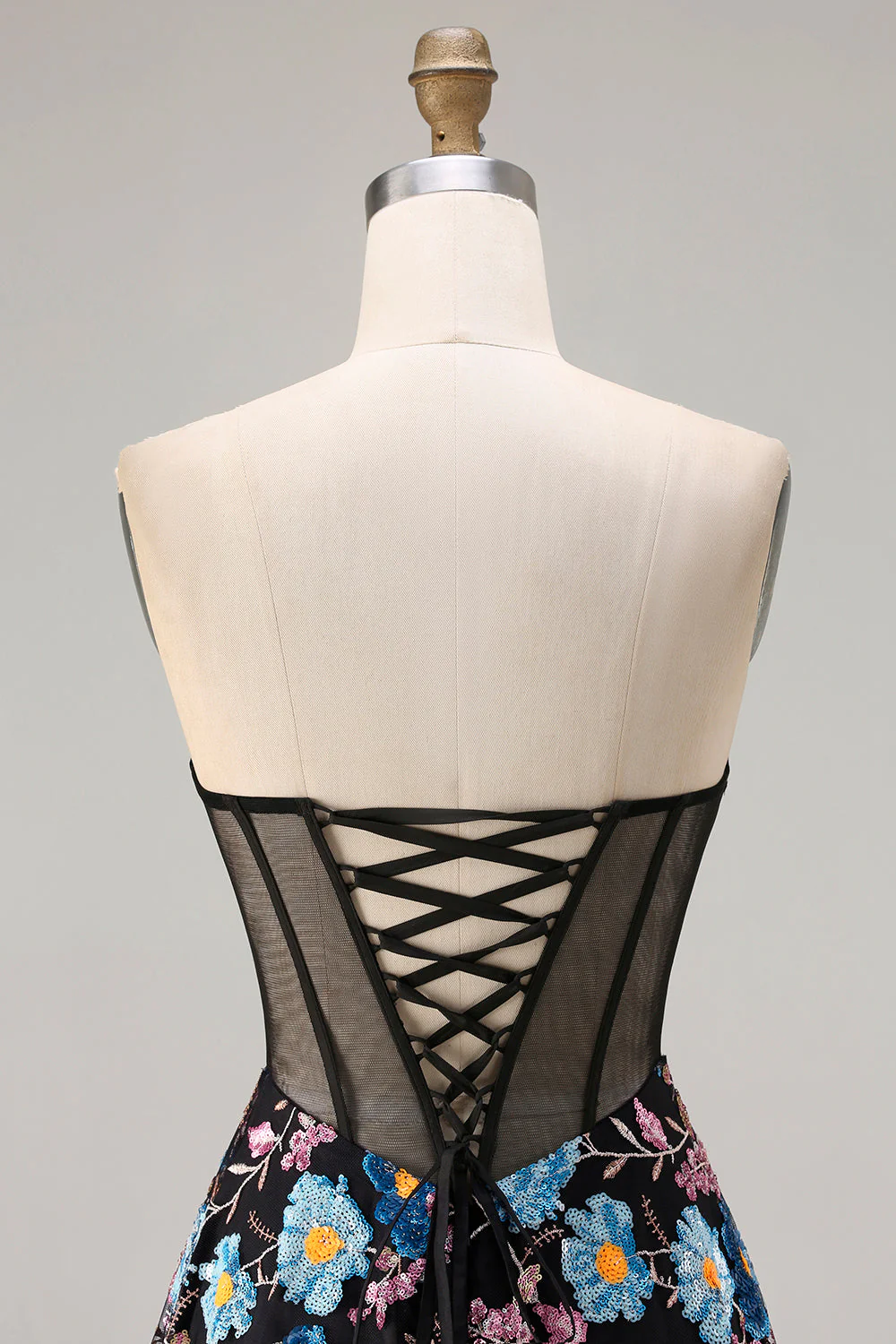 Strapless Black A Line Sheer Corset Print Floral Long Prom Dress with Slit - Image 5