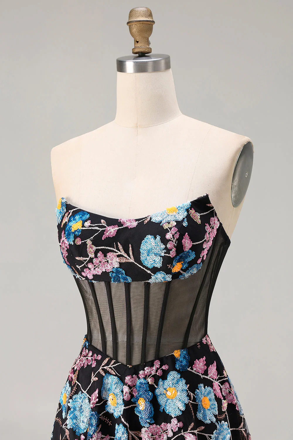 Strapless Black A Line Sheer Corset Print Floral Long Prom Dress with Slit - Image 6