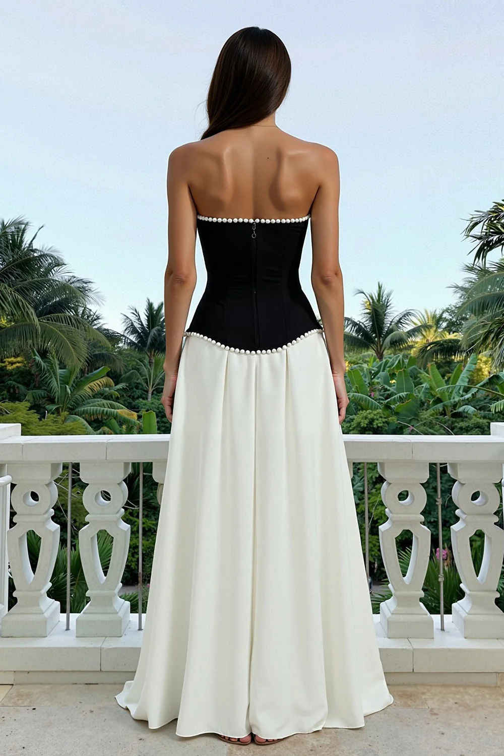 Strapless Black and White A Line Evening Dress with Pearls - Image 2