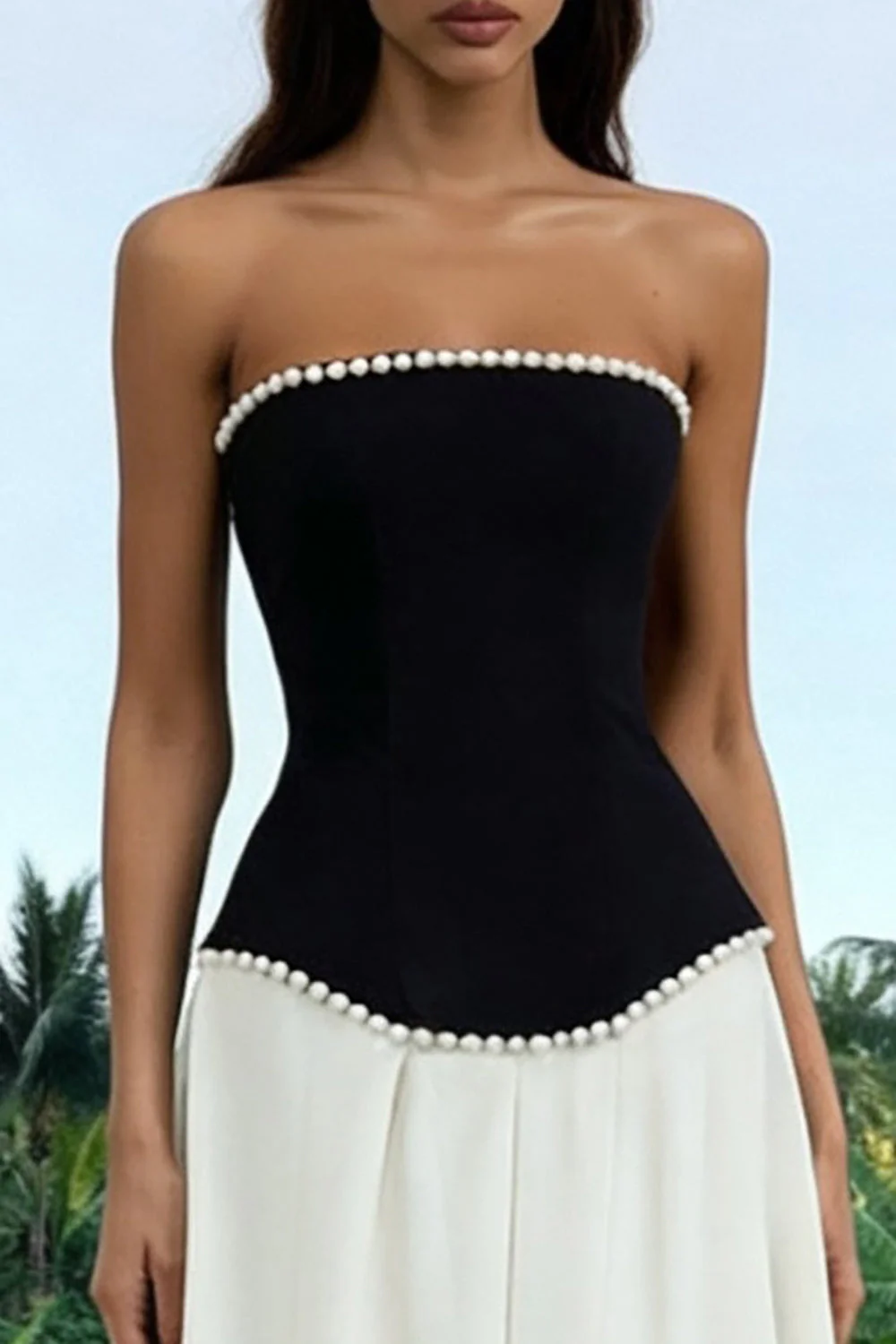 Strapless Black and White A Line Evening Dress with Pearls - Image 3