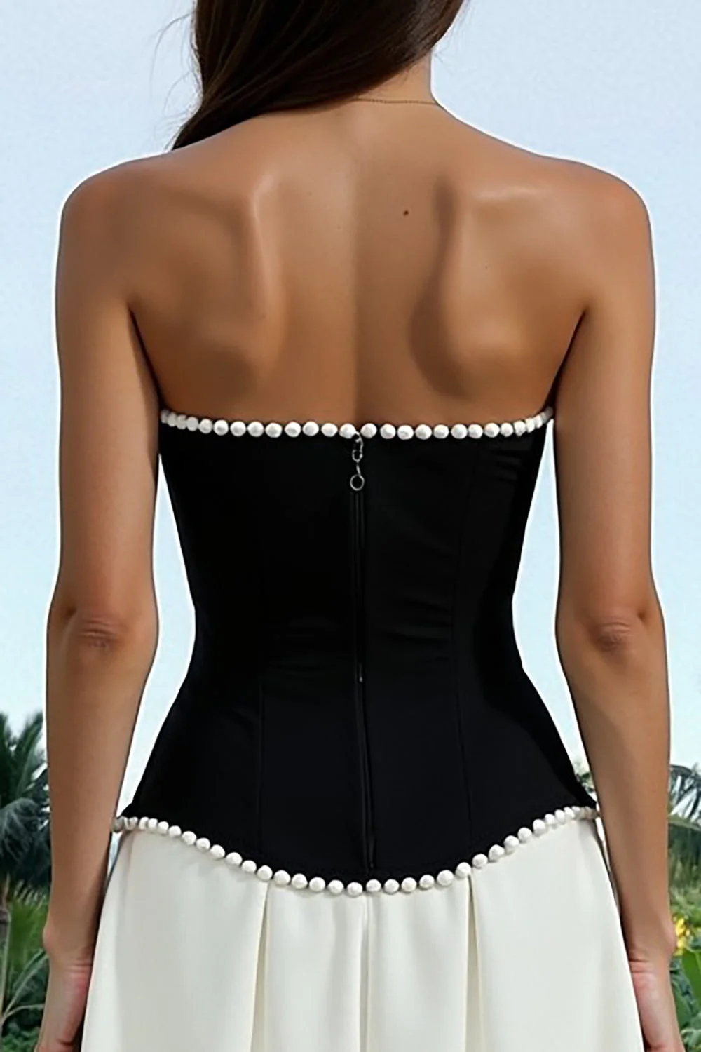 Strapless Black and White A Line Evening Dress with Pearls - Image 4