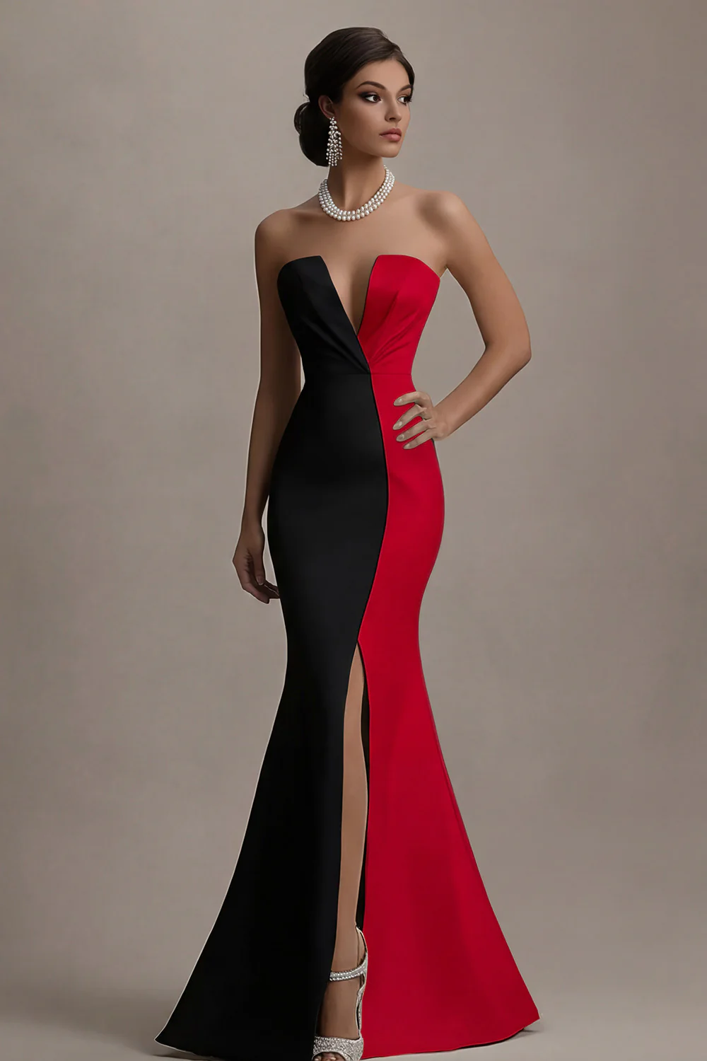 Strapless Black And White Mermaid Evening Dress with Slit - Image 3