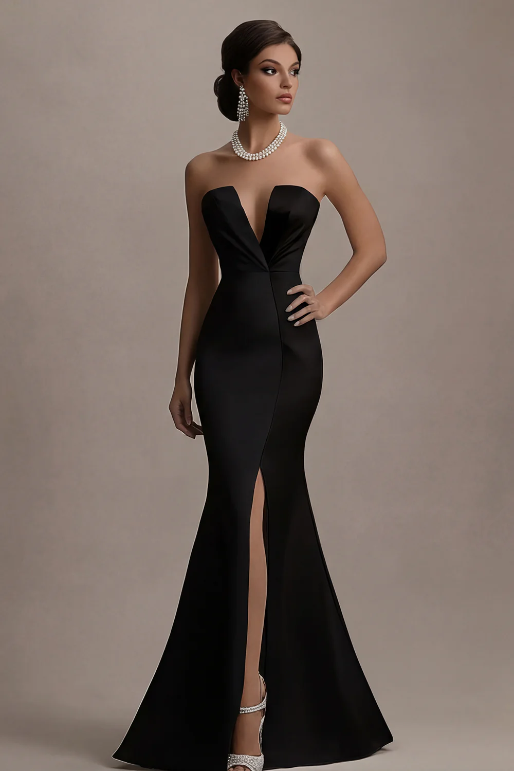 Strapless Black And White Mermaid Evening Dress with Slit - Image 4