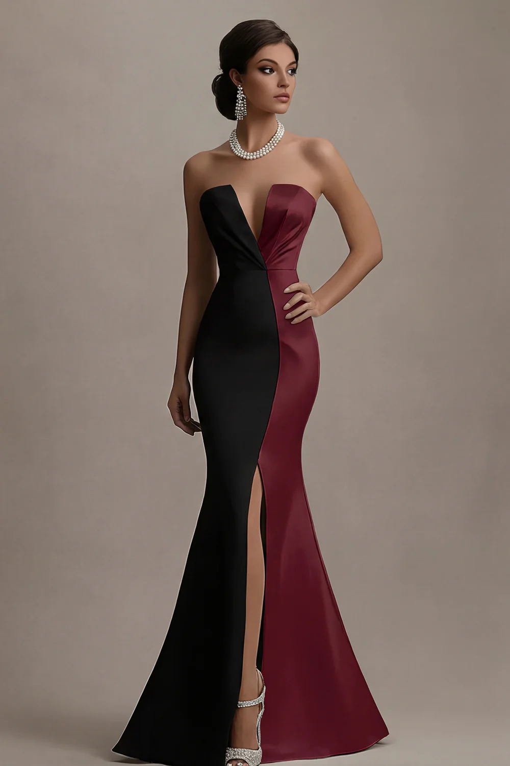 Strapless Black And White Mermaid Evening Dress with Slit - Image 5