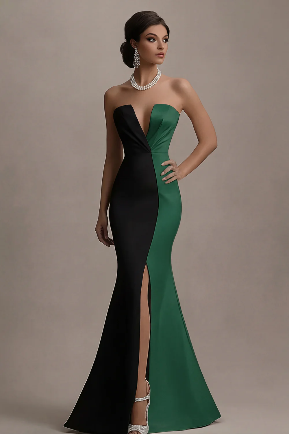 Strapless Black And White Mermaid Evening Dress with Slit - Image 6
