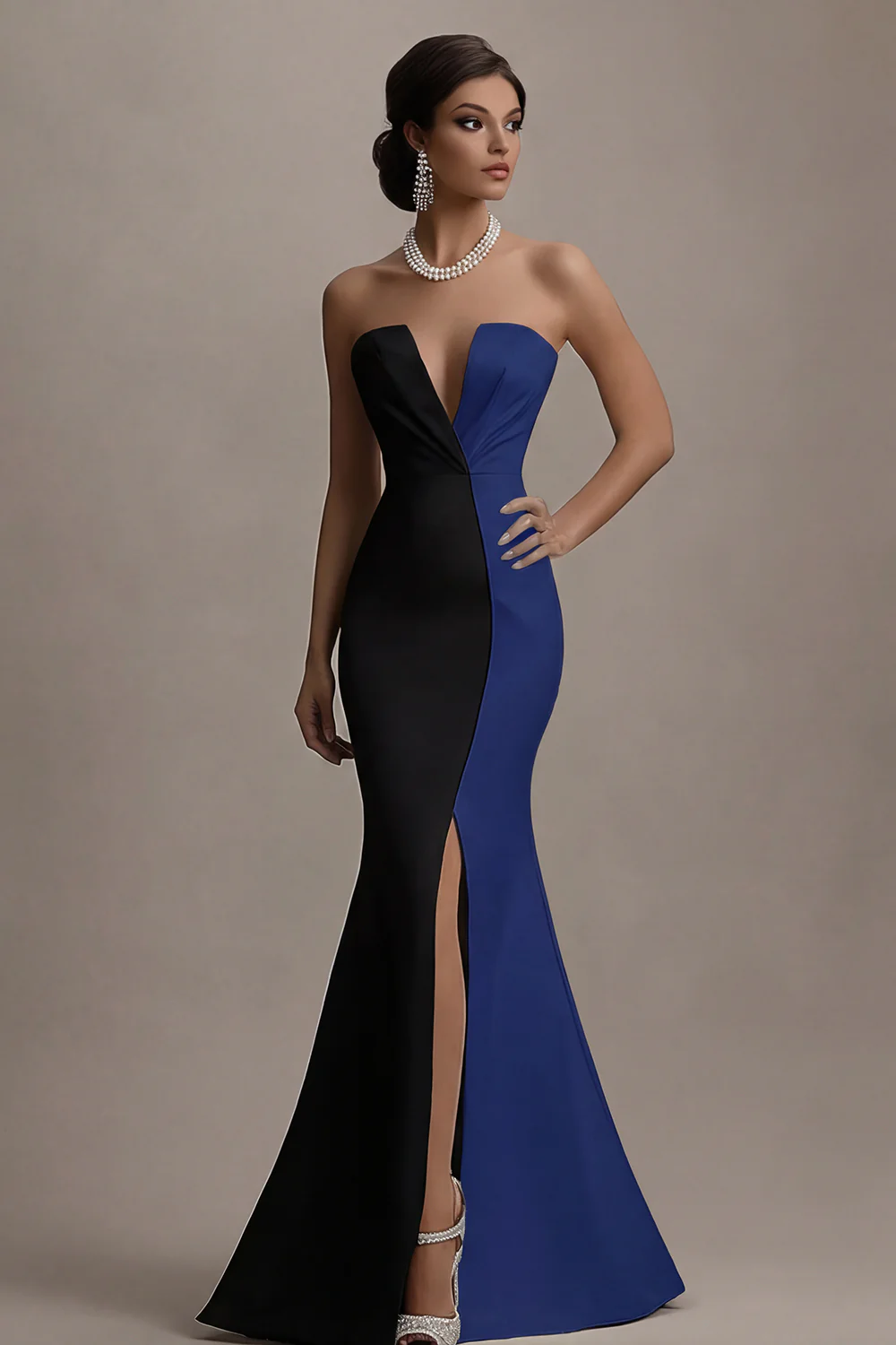 Strapless Black And White Mermaid Evening Dress with Slit - Image 7