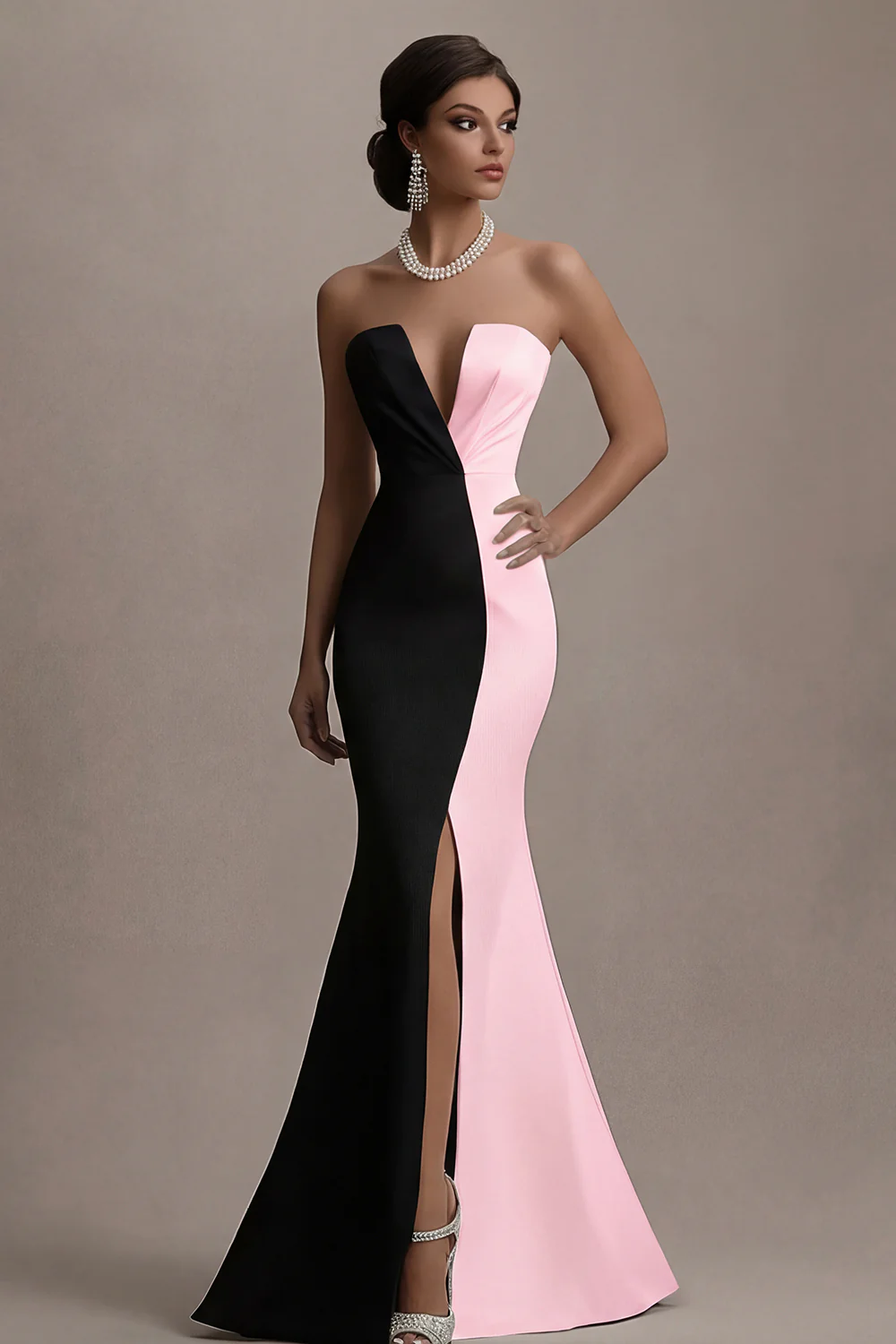 Strapless Black And White Mermaid Evening Dress with Slit - Image 8