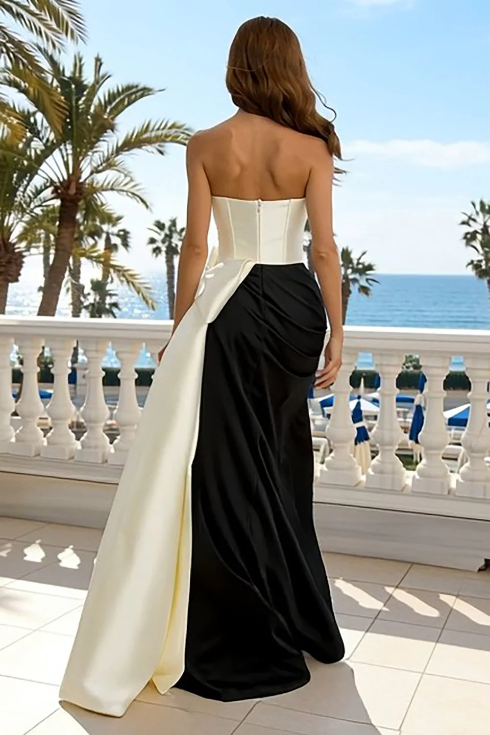 Strapless Black and White Side Slit Evening Dress with Bow - Image 2