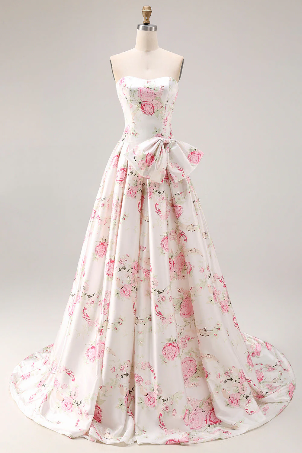 Strapless Black Pink A-Line Print Floral Long Prom Dress with Bow - Image 11